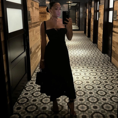 Vestito Midi Nero Con Spalline Sottili Stile Corsetto Lacci Anteriori Spacco Laterale Poliestere Elastan Sexy Party Chic