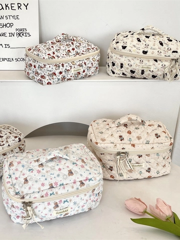 Borsa Da Toletta In Cotone Trapuntato Stampa Cartone Animato Grande Capacità Organizzatore Trucco Portatile Viaggio Per Donne