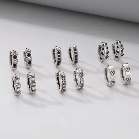 Orecchini A Cerchio In Acciaio Inossidabile Con Zircone Nero Bianco Design Geometrico Cuore Foglia Croce Gioielli Punk Unisex