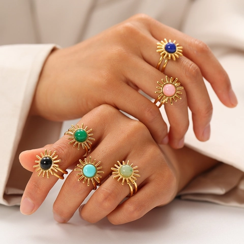 Sun Flower Starburst Adjustable Open Ring Stainless Steel Gold Plated Inlaid Stone Bohemian Vintage Jewelry For Women