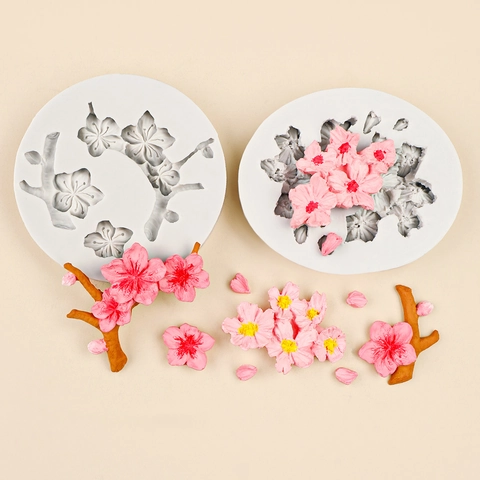 Stampo In Silicone Fiore Di Ciliegio Pesco Realistico Petalo Rami Rilievo 3D Per Decorazione Torte Fondant DIY Argilla Resina