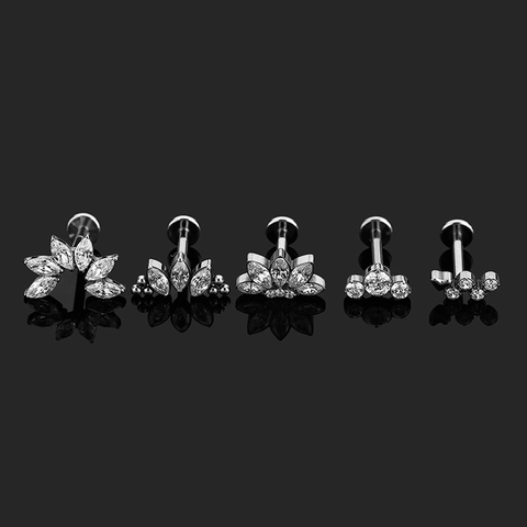 G23 Titanium Zircon Labret Stud Lip Ring Ear Cartilage Piercing Jewelry Flower Crown Shape Elegant