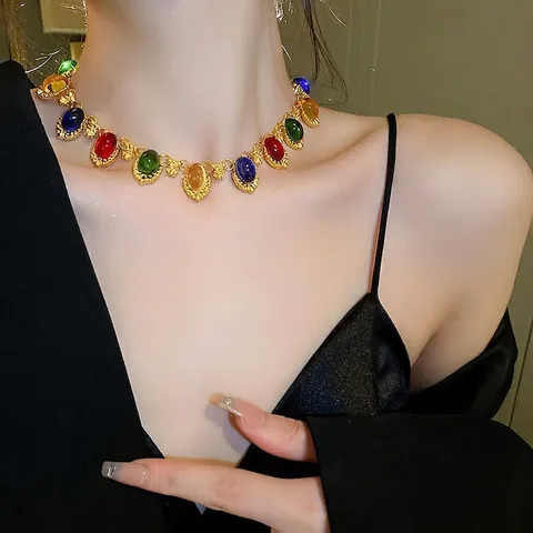 Collana Pietre Preziose Ovali Colorate Vintage Lega Rame Stile Palazzo Catena Clavicicola Gioielli Eleganti Per Donne