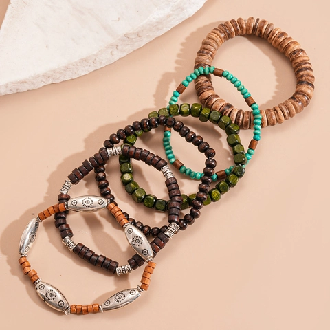 Boho Vintage Wood Beaded Bracelet Multi Layer Ethnic Coconut Shell Alloy Sun Charm Stackable Jewelry For Men