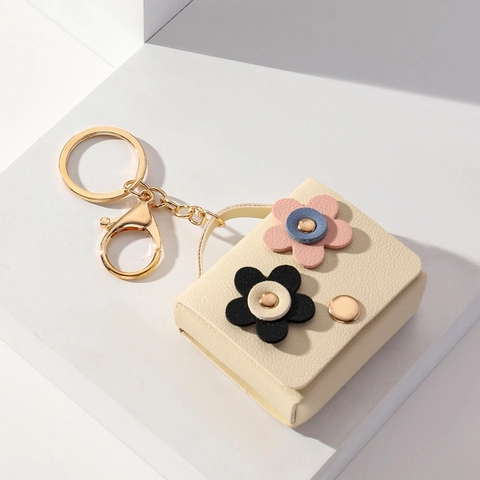 Llavero de Mini Bolso de Cuero Artificial Con Patrón de Flores 3D Lindo Colgante de Monedero para Mujer