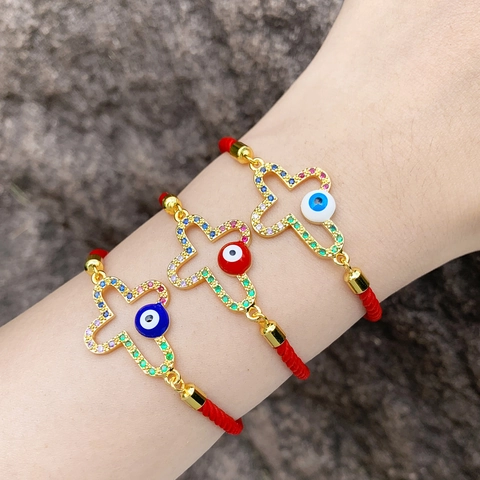Verstellbares Vergoldetes Kupfer Böses Auge Kreuz Armband Für Damen Mehrfarbiger Zirkonia Religiöser Handgewebter Roter Strickschmuck