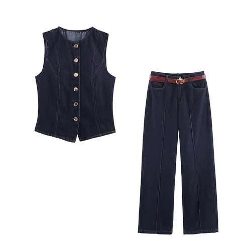 Gilet In Denim Da Donna E Jeans A Gamba Larga Casual Streetwear Vita Alta Con Cintura Rossa Cotone Monopetto