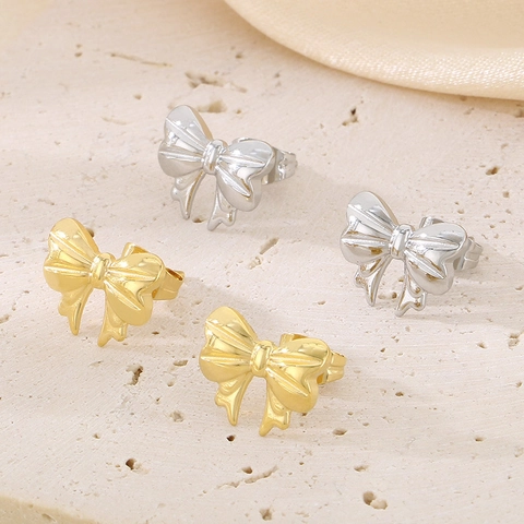 Pendientes De Botón De Acero Inoxidable Con Lazo Texturizado Minimalista Dulce Elegante Joyería Para Mujer