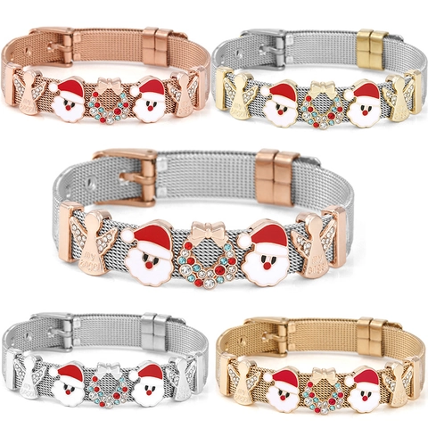 Bracciale Charm in Maglia di Acciaio Inossidabile di Natale Per Donna Babbo Natale Angelo Strass Gioielli Festivi Regali