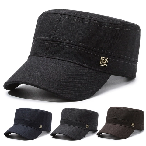 Casquette Cadet En Coton Sergé Toit Plat Chapeau Militaire Boucle Métallique Réglable Protection Solaire Extérieur Décontracté Vintage Hommes