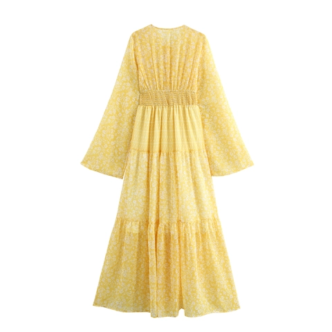Floral Print Maxi Dress Long Sleeve V Neck Tie Elastic High Waist Polyester Bohemian French Vintage Style For Women