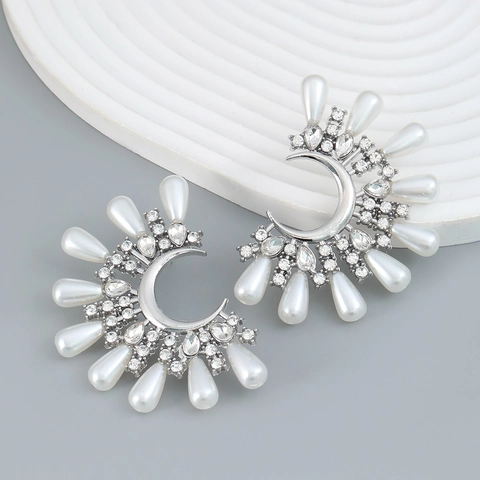 Crescent Flower Earrings Alloy Rhinestone Faux Artificial Pearl Water Drop Shiny Party Jewelry Vintage Fashion For Women Gift