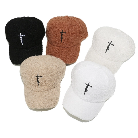 Women Winter Faux Lamb Wool Baseball Cap Faith Cross Embroidery Warm Fleece Hip Hop Snapback Hat Outdoor Casual Duckbill Cap