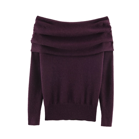 Off Shoulder Knit Sweater Long Sleeve Fold Over Neckline Ribbed Cuffs Solid Color Elegant Top For Women