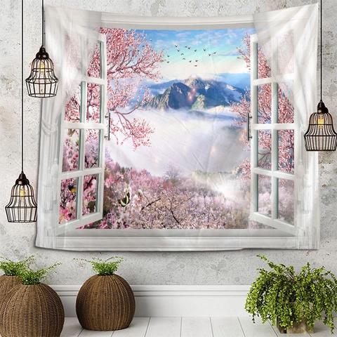 Arazzo Paesaggio Vista Finestra 3D Decorazione Parete Tessuto Poliestere Natura Per Camera Letto Soggiorno Dormitorio