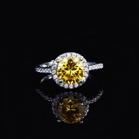Round Yellow Champagne Cubic Zirconia Halo Ring Copper Adjustable Elegant Luxury Jewelry For Women