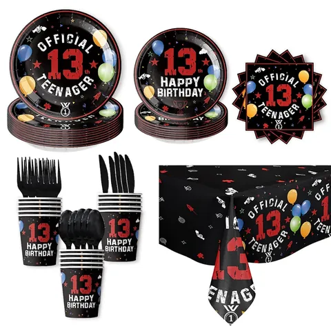 Black And Red 13th Birthday Party Tableware Set Disposable Tablecloth Plates Cups Napkins For Teenagers Official 13 Celebration Party Decorations