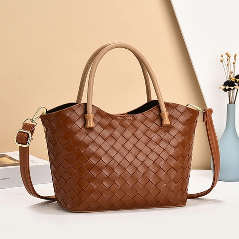Gewebte PU Leder Handtasche Große Kapazität Eimer Schulter Umhängetasche Mit Tragegriff Retro Modisch Für Damen