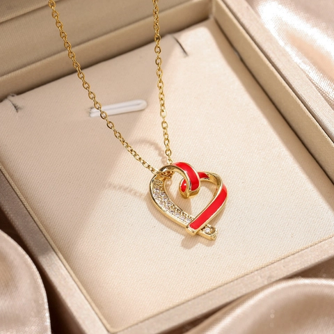 Herz Anhänger Halskette Titanstahl Mit Kupfer Zirkon Emaille Eleganter Schmuck Für Damen