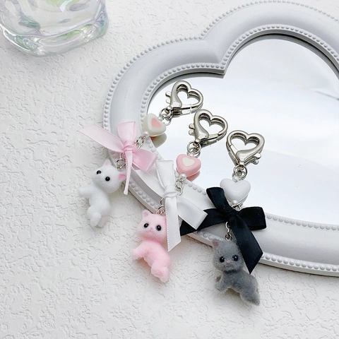 Cute Flocked Cat Keychain With Alloy Heart Buckle Bow Ribbon And Beaded Heart Charm For Bag Decoration Girly Style