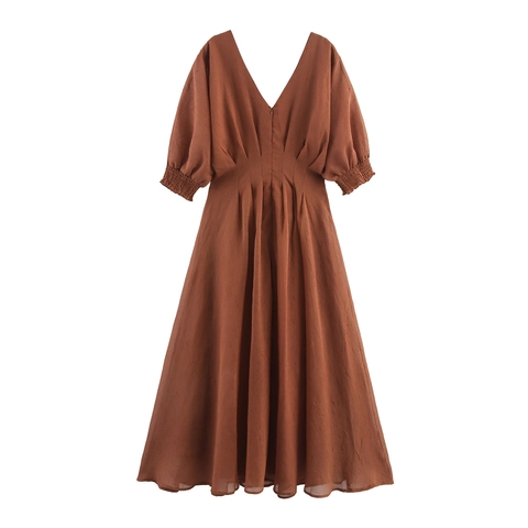 Vestido Maxi Para Mujer Cuello En V Cintura Alta Plisado Poliéster Texturizado Color Sólido Manga Linterna Elegante