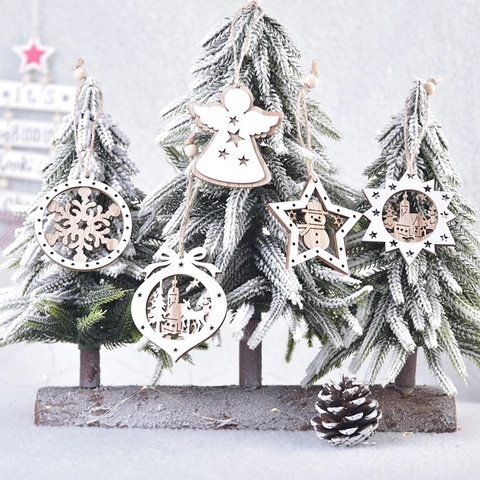 Christmas Wooden Hanging Ornaments Hollow Out Laser Cut Reindeer Angel Santa Claus Holiday Tree Decor DIY Wood Crafts