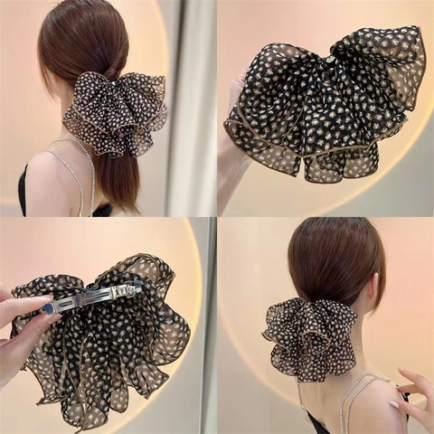 Haarspange Mit Leopardenmuster Schleife Chiffon Mesh Mehrlagig Plissee Haarspangen Metall Federclip Koreanische Mode