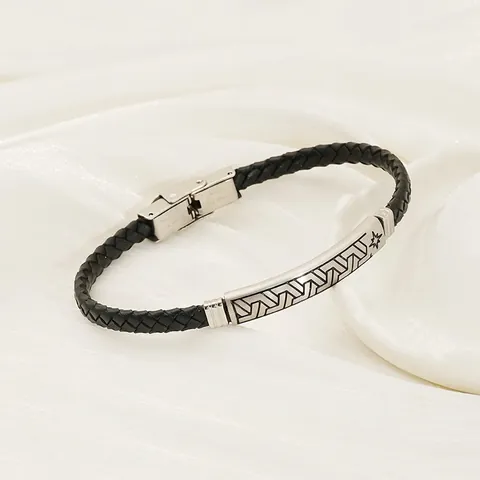 Geflochtenes Lederarmband Mit Edelstahl Stern ID Platte Geometrische Muster Punk Schmuck Für Herren Damen