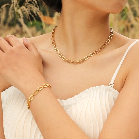 Mode 18K Vergoldet Edelstahl Büroklammerkette Halskette Armband Schmuck Set Elegantes Minimalistisches Damen Schmuck