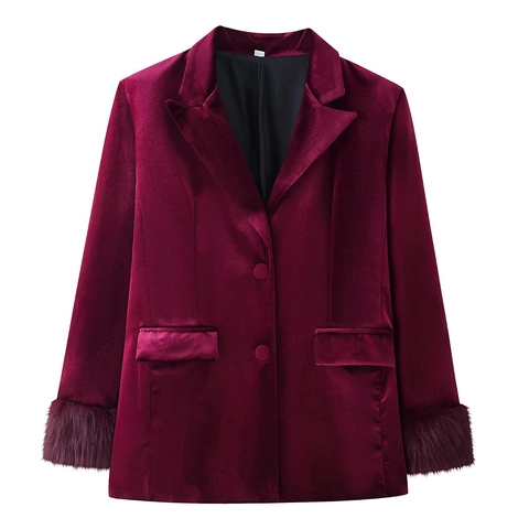 Women Velvet Blazer And Wide Leg Pants Suit Long Sleeve Faux Fur Cuffs Elegant Office Streetwear Burgundy