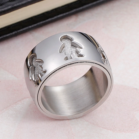 Anillo Ancho De Acero Inoxidable Cadena Cubana Giratoria Circón Rectangular Silueta De Niño Y Niña Joyería De Moda