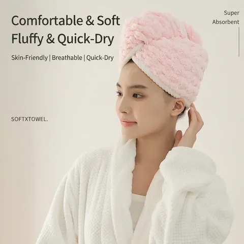 Hair Drying Cap Super Absorbent Coral Fleece Shower Towel Wrap Fast Drying Cloud Grid Texture For Women