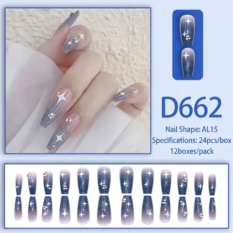 Faux Ongles À Presser Longue Forme Cercueil Dégradé Bleu Violet Glacé Transparent Étoile Strass Amovible Brillant Femmes