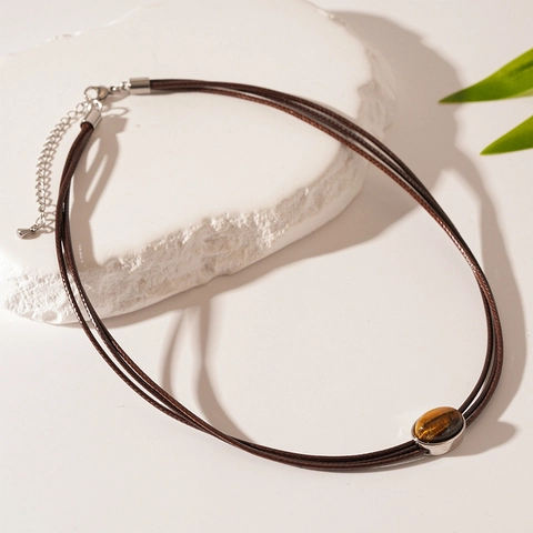 Collana Con Ciondolo Vintage In Pietra Occhio Di Tigre Artificiale Ovale Cordino In Pelle Multistrato Lega Gioielli Geometrici