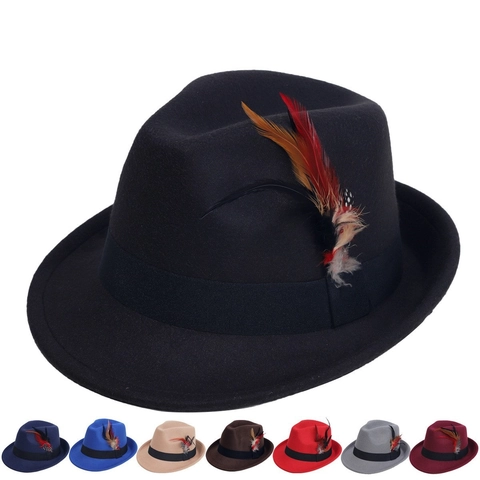 Vintage Polyester Fedora Hat with Feather Decoration British Style Jazz Cap for Men Women Solid Color Elegant Formal Felt Hat
