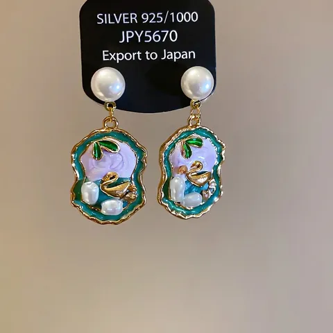 Vintage Enamel Swan Pendant Earrings With 925 Sterling Silver Earring Post And Elegant Artificial Pearl Jewelry
