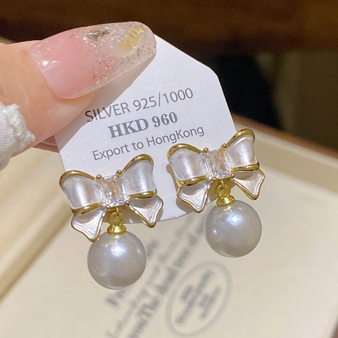 Eleganti Orecchini a Pendente con Fiocco e Perla con Perno in Argento Sterling 925 Rame Placcato Oro Zirconia Intarsiato Gioielli Donna