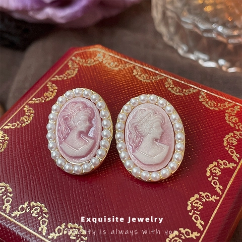 Vintage Cameo Ohrstecker Legierung Acryl Künstliche Perlenimitat Mit 925 Sterling Silber Ohrstecker Rosa Porträt Für Damen