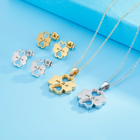 Joyas De Acero Inoxidable Collar Y Pendientes De Trébol Corazón Con Grabado Mae Regalo Para Madre