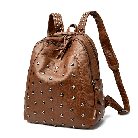Sac À Dos Rivet Femme En Cuir PU Motif Lychee Style Punk Grande Capacité Voyage Sac De Jour Décontracté Clouté