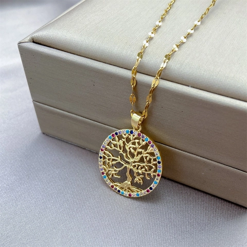 Collier Pendentif Arbre de Vie en Acier Inoxydable Doré Vintage Zirconia Multicolore Bijoux Chaîne de Pull pour Femmes