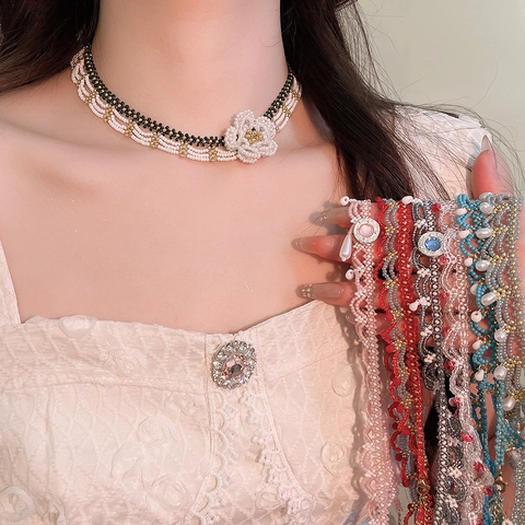 Collana Choker Pizzo Perline Fatto Mano Acciaio Inossidabile Cristallo Perla Artificial Imitazione Stile Vintage Donna
