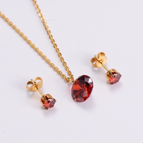 Round Zircon Pendant Necklace And Stud Earrings 316L Stainless Steel 18K Gold Plated Jewelry For Women Christmas Gift