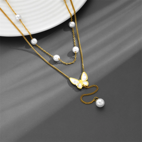 Double Layered Butterfly Necklace Stainless Steel Mother Of Artificial Pearl Pendant Artificial Pearl Tassel Gold Plated Jewelry For Women