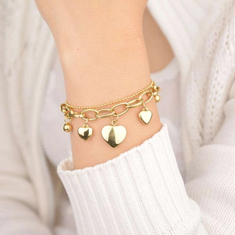 Double Layer Heart Pendant Bracelet Stainless Steel Gold Silver Tone Curb Link Bead Chain Trendy Chic Jewelry For Women