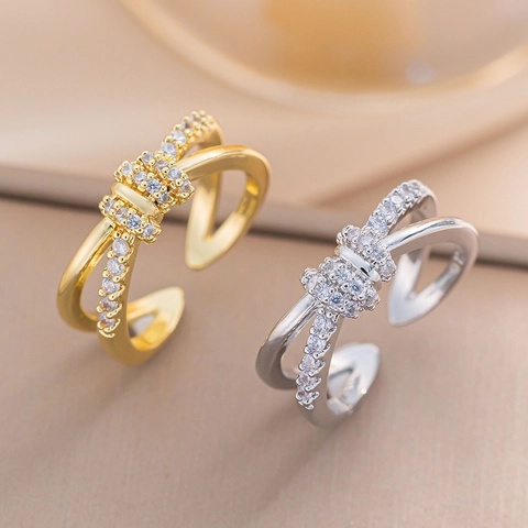 Adjustable Double Layer Cross Ring Copper 18K Gold Plated Zircon Bowknot Design Minimalist Fashion Jewelry For Women