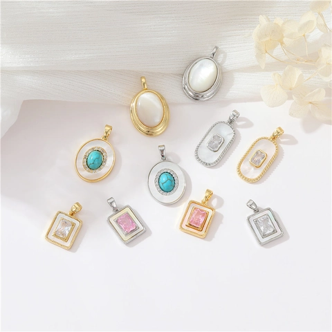 Vintage Copper Pendant Inlaid Mother Of Artificial Pearl Turquoise Zircon Geometric Oval Rectangle Gold Plated Jewelry Making Accessory