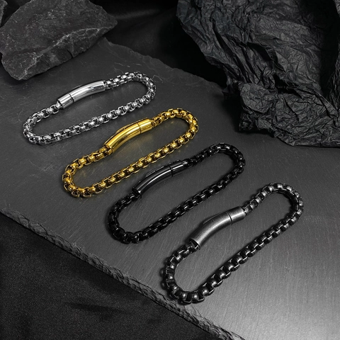 Pulsera De Cadena De Caja Para Hombre De Acero Inoxidable Con Cierre Magnético Estilo Hip Hop Industrial Tendencia