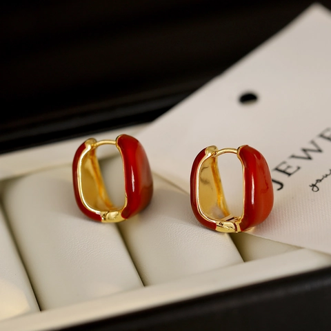 French Retro Huggie Hoop Earrings 18K Gold Plated Enamel Double Sided Geometric U Shape Elegant For Women