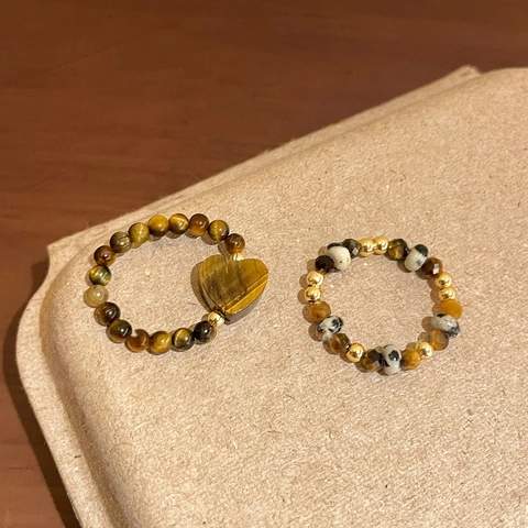 Tiger Eye Beaded Ring Heart Shaped Spotted Stone Golden Beads Elastic Stretch Vintage Bohemian Jewelry For Women
